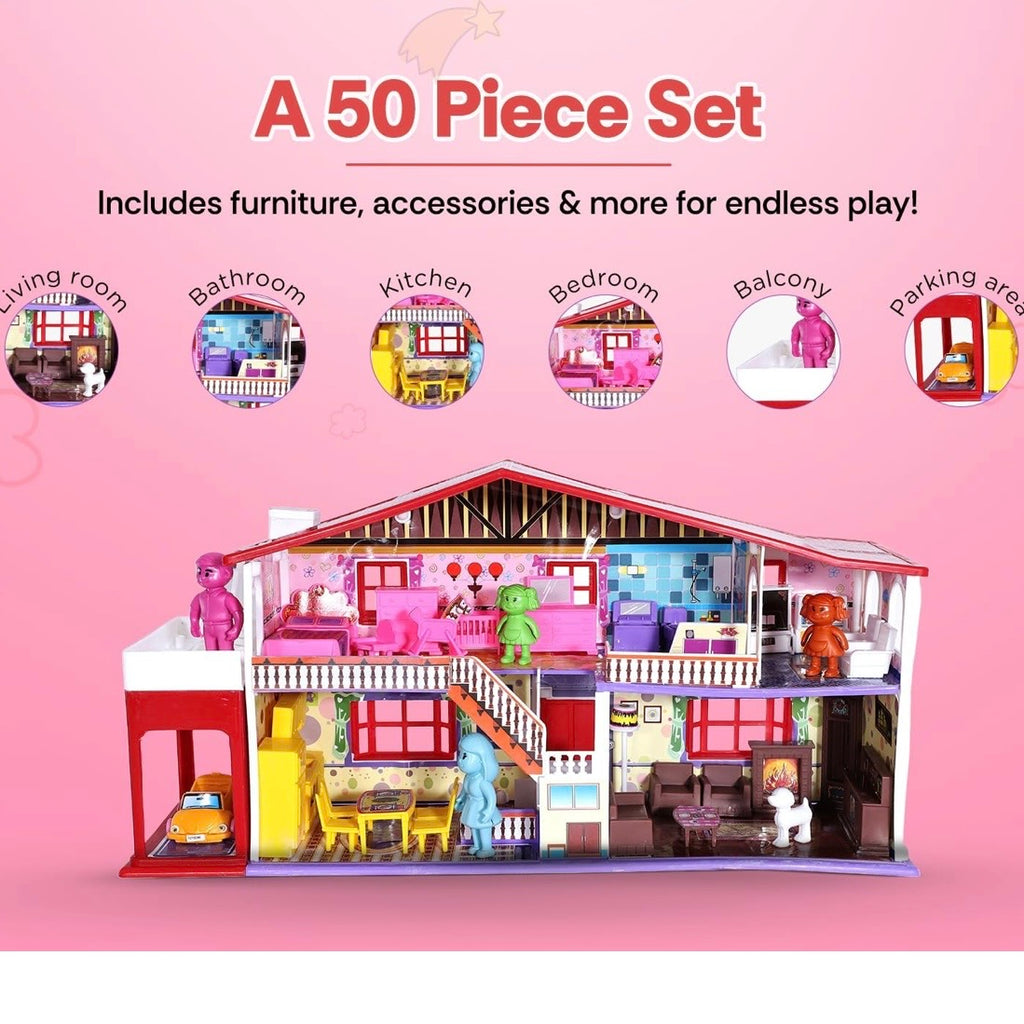 Deluxe Doll House - 50 Pcs | Girls Role Playset | Pretend Play | Dollhouse Accessories | Imaginative Play | Playhouse | For Kids Age 3+ years