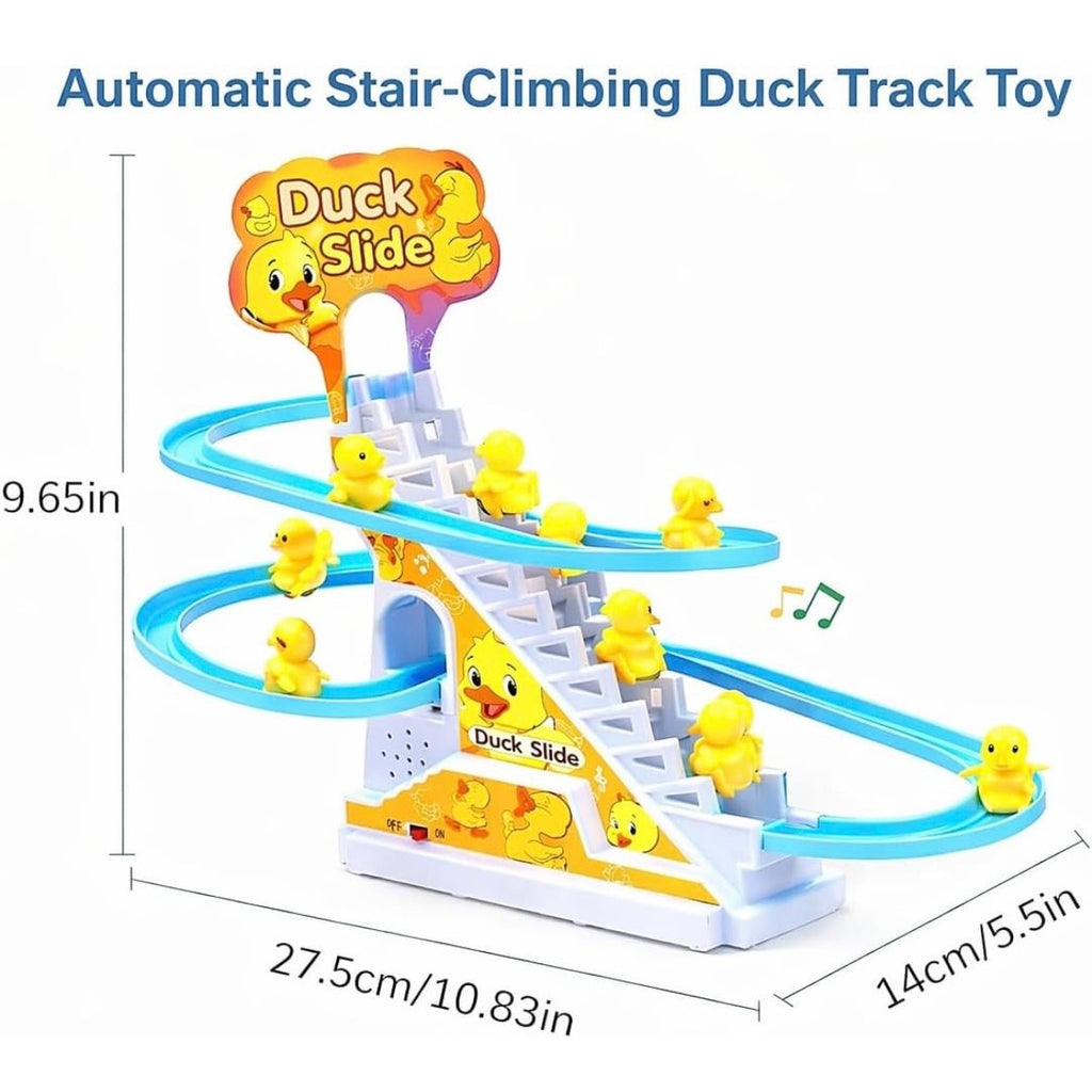 Duck Slide Toy Set, Funny Automatic Stair-Climbing Ducklings Cartoon Race Track Set Duck Roller Coaster Escalator Toy with Flashing Lights & Music