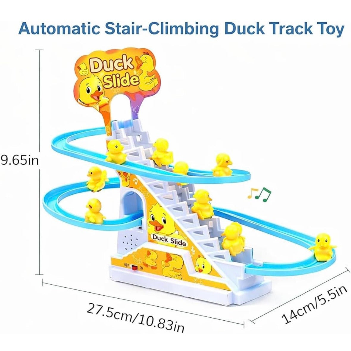 Duck Slide Toy Set, Funny Automatic Stair-Climbing Ducklings Cartoon Race Track Set Duck Roller Coaster Escalator Toy with Flashing Lights & Music