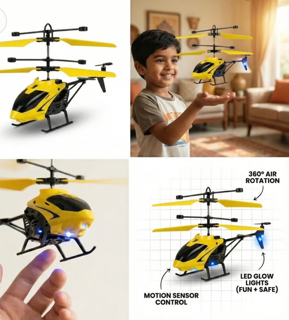 Yellow toy helicopter with motion sensor control, LED lights, and 360-degree air rotation features, shown in a living room setting.