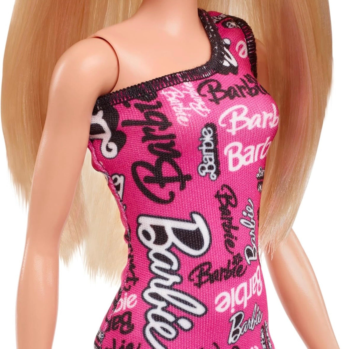 Barbie Fashion Doll with Straight Blonde Hair Wearing Removable Pink One-Shoulder Dress & Shoes with Logo Print