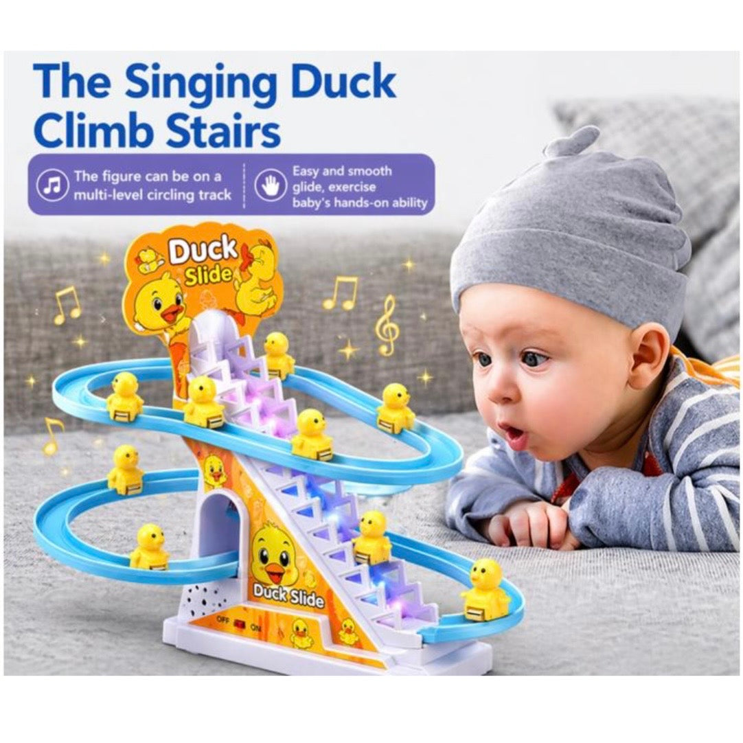 Duck Slide Toy Set, Funny Automatic Stair-Climbing Ducklings Cartoon Race Track Set Duck Roller Coaster Escalator Toy with Flashing Lights & Music