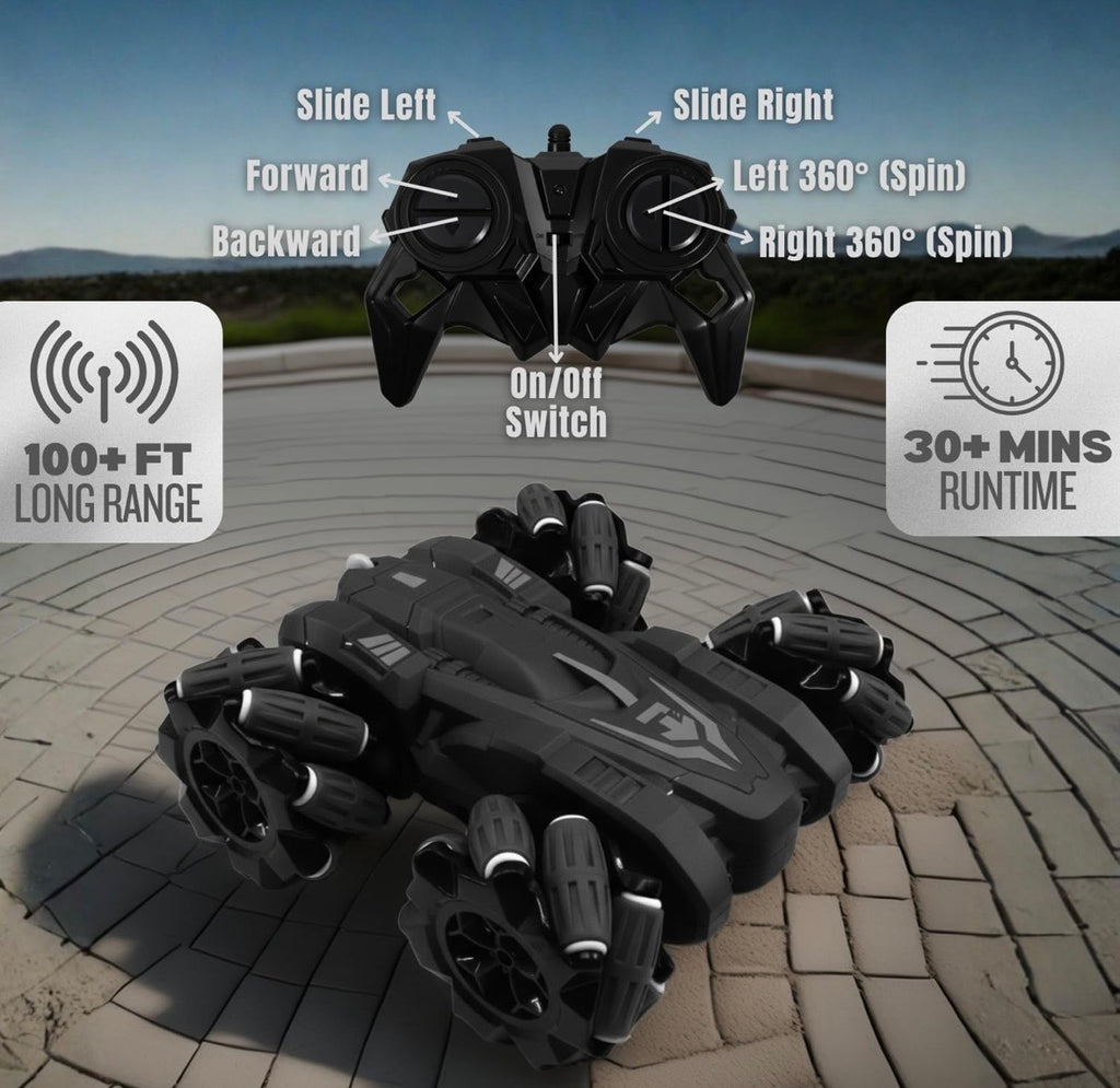 Mumzlife Remote Control Stunt Car 4WD | 360° Rotating Drift RC Car for Kids | Dual-Sided Climbing | High-Speed Tumbling | Rechargeable C-Type | Made in India (Black)