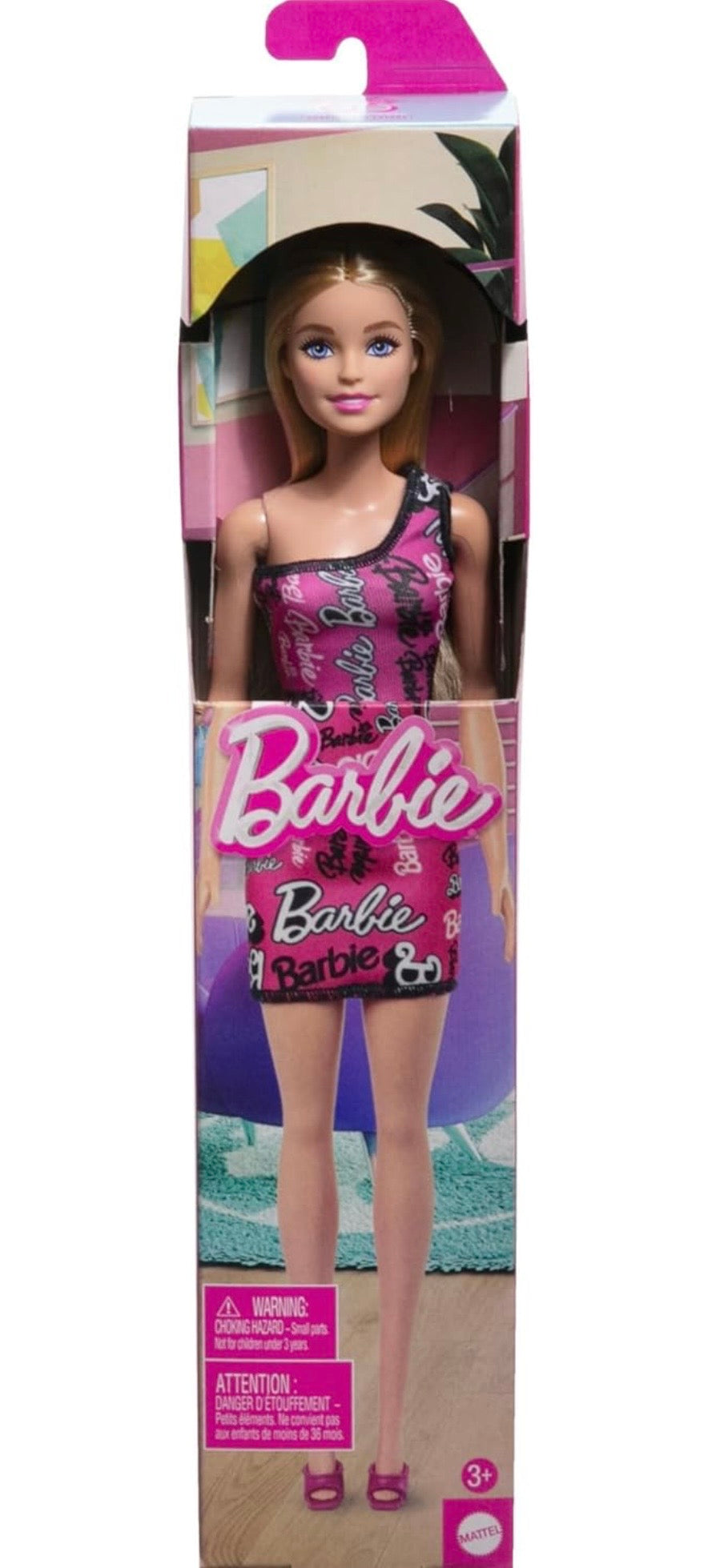 Barbie Fashion Doll with Straight Blonde Hair Wearing Removable Pink One-Shoulder Dress & Shoes with Logo Print