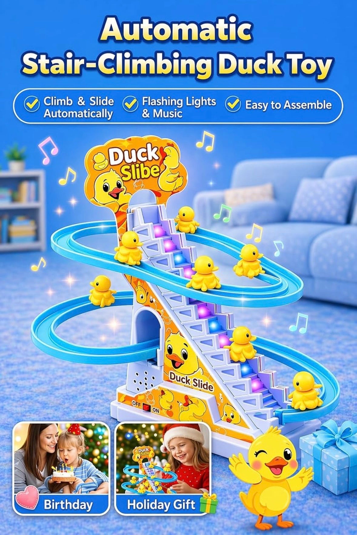 Duck Slide Toy Set, Funny Automatic Stair-Climbing Ducklings Cartoon Race Track Set Duck Roller Coaster Escalator Toy with Flashing Lights & Music