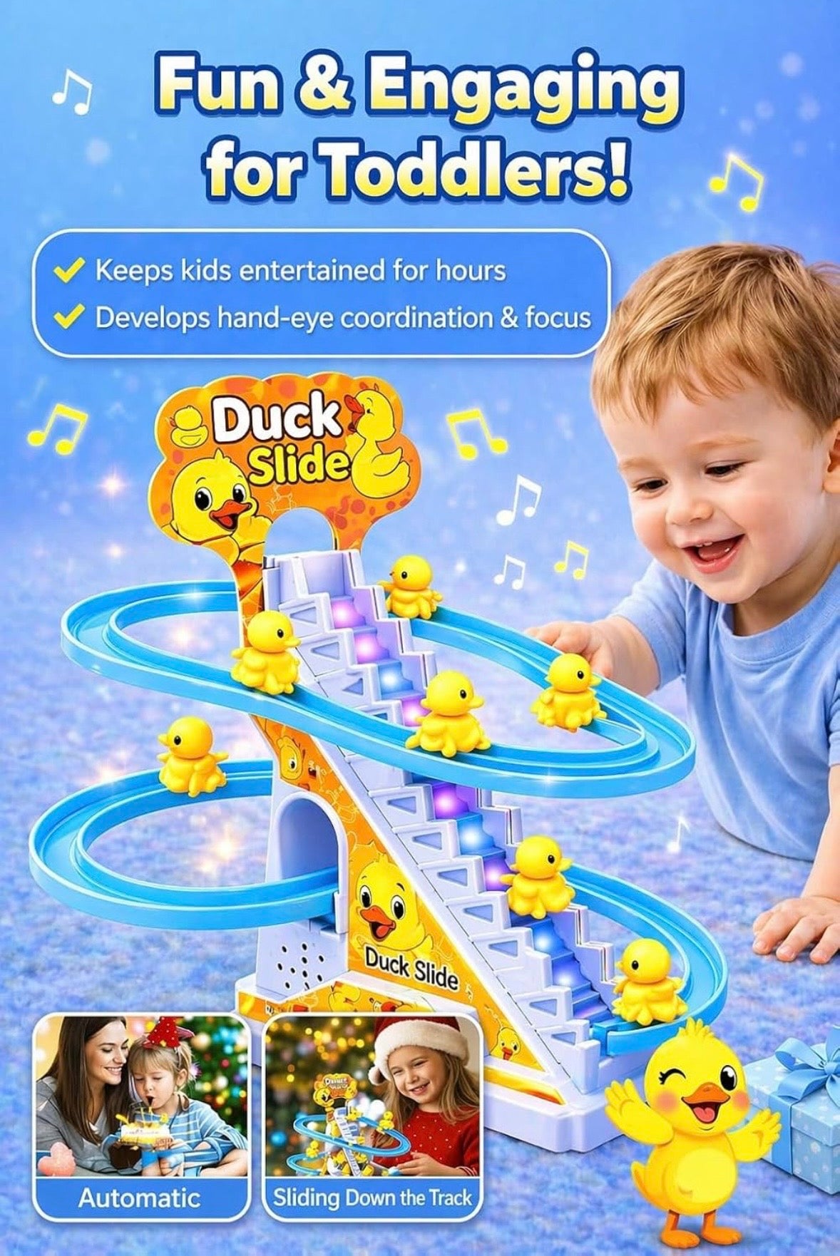 Duck Slide Toy Set, Funny Automatic Stair-Climbing Ducklings Cartoon Race Track Set Duck Roller Coaster Escalator Toy with Flashing Lights & Music