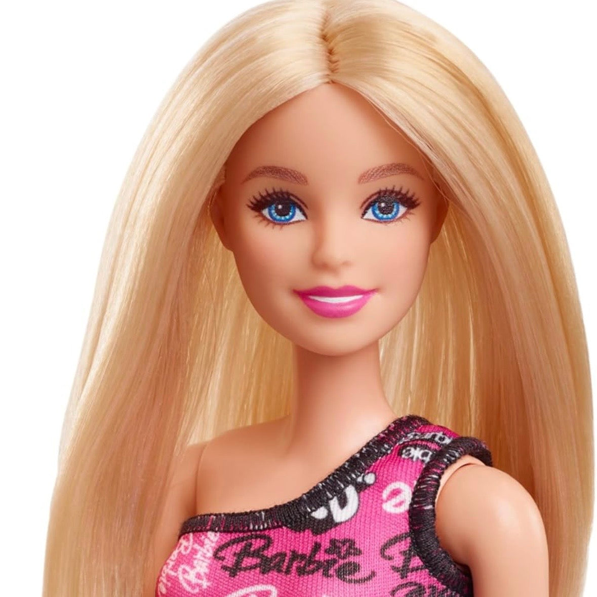 Barbie Fashion Doll with Straight Blonde Hair Wearing Removable Pink One-Shoulder Dress & Shoes with Logo Print