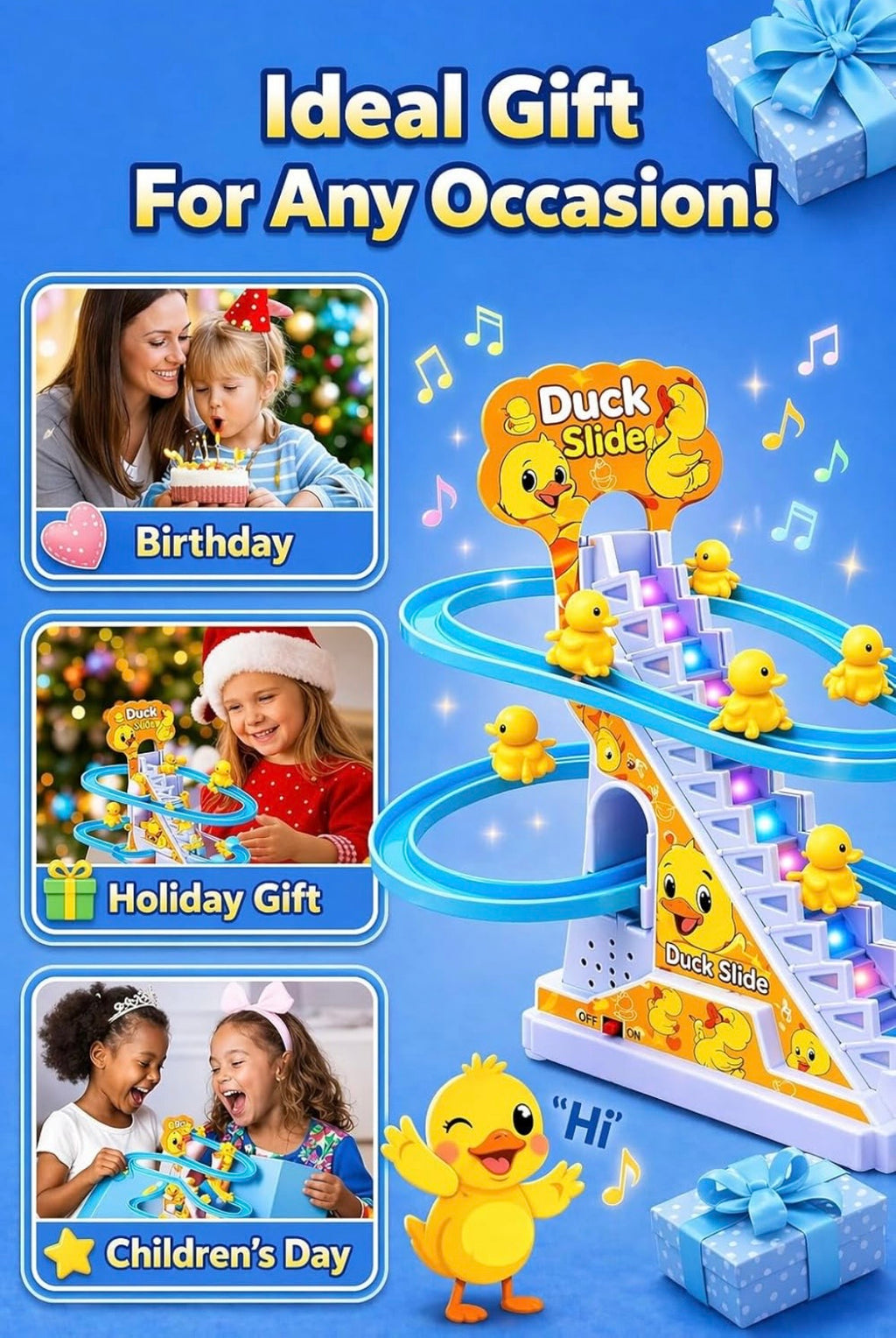 Duck Slide Toy Set, Funny Automatic Stair-Climbing Ducklings Cartoon Race Track Set Duck Roller Coaster Escalator Toy with Flashing Lights & Music