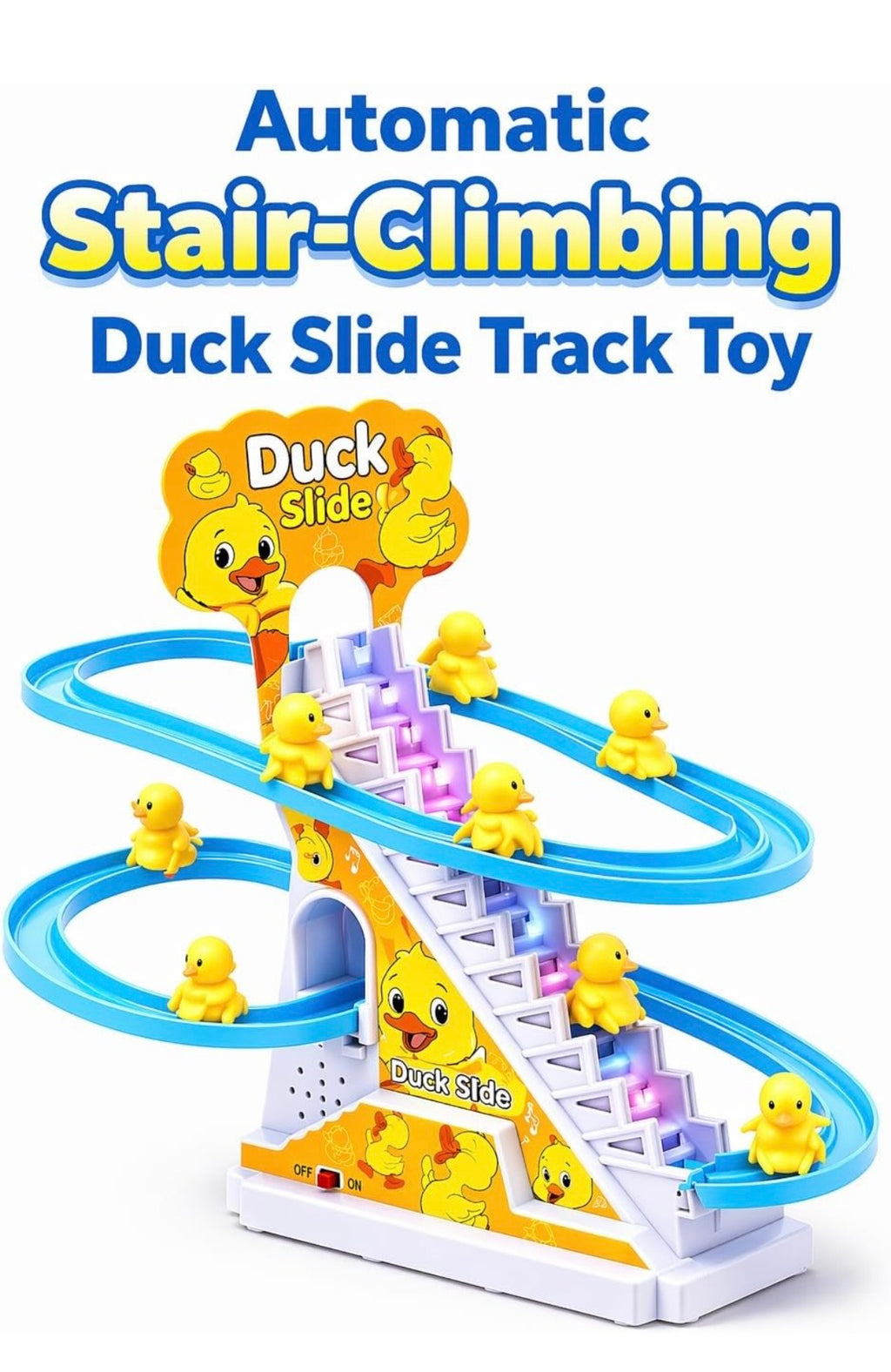 Duck Slide Toy Set, Funny Automatic Stair-Climbing Ducklings Cartoon Race Track Set Duck Roller Coaster Escalator Toy with Flashing Lights & Music