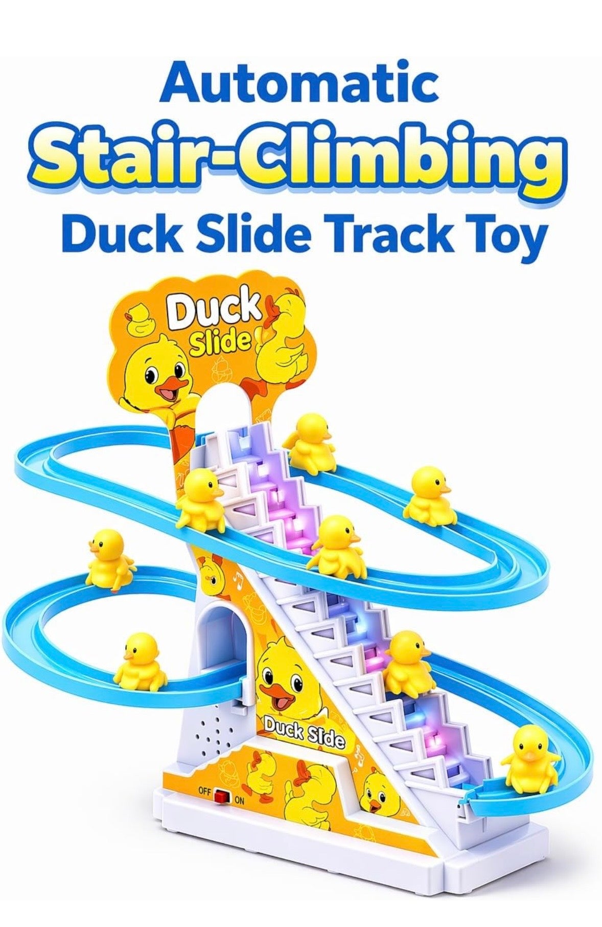 Duck Slide Toy Set, Funny Automatic Stair-Climbing Ducklings Cartoon Race Track Set Duck Roller Coaster Escalator Toy with Flashing Lights & Music
