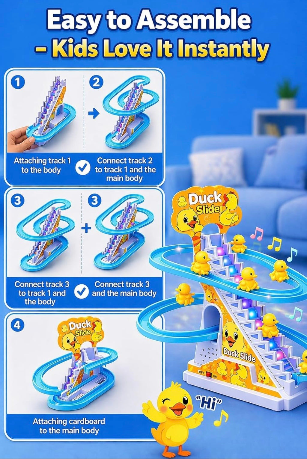 Duck Slide Toy Set, Funny Automatic Stair-Climbing Ducklings Cartoon Race Track Set Duck Roller Coaster Escalator Toy with Flashing Lights & Music