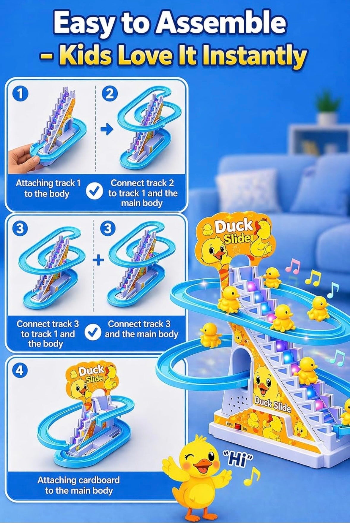 Duck Slide Toy Set, Funny Automatic Stair-Climbing Ducklings Cartoon Race Track Set Duck Roller Coaster Escalator Toy with Flashing Lights & Music