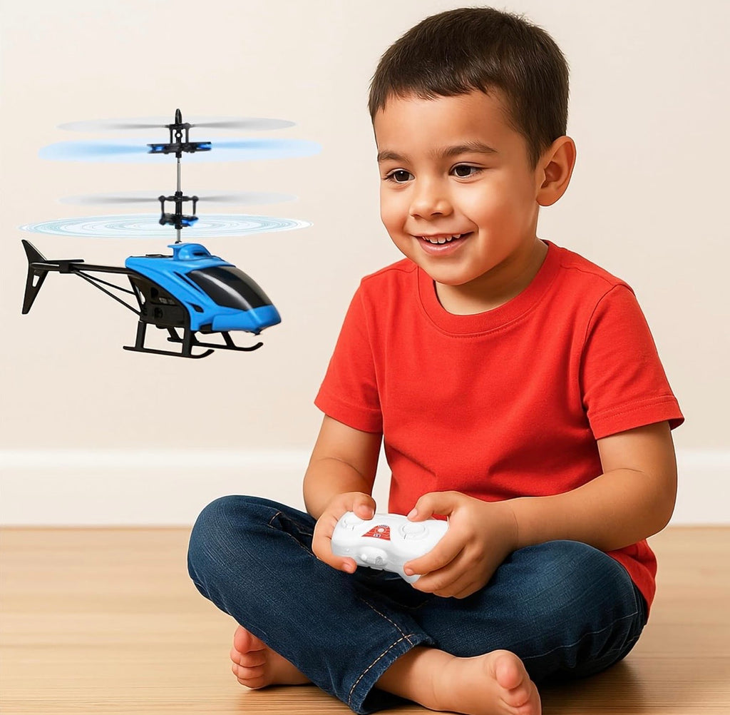 Child playing with a remote control helicopter indoors