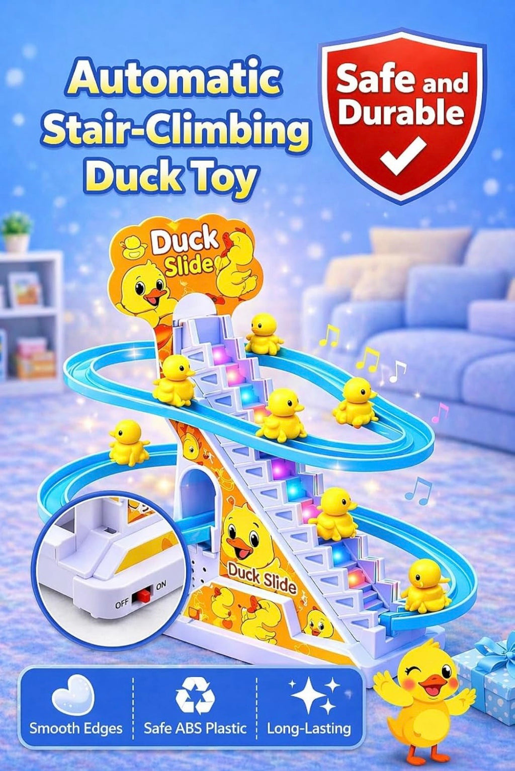 Duck Slide Toy Set, Funny Automatic Stair-Climbing Ducklings Cartoon Race Track Set Duck Roller Coaster Escalator Toy with Flashing Lights & Music