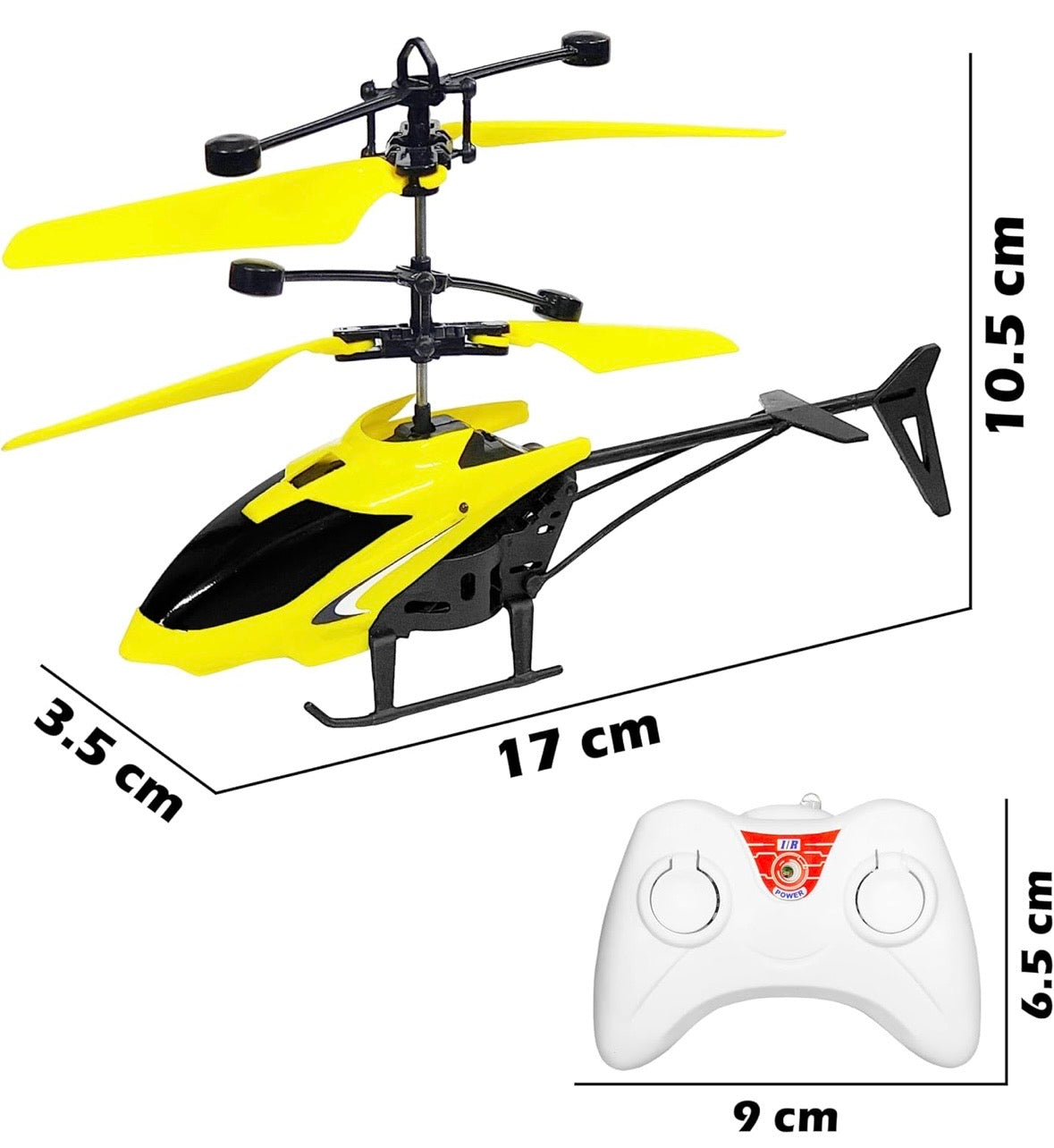 Yellow and black remote control helicopter with dimensions and a white remote control on a white background