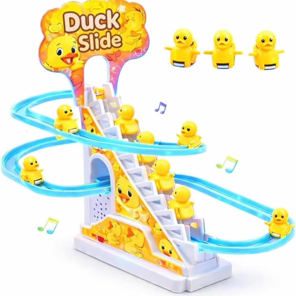 Duck Slide Toy Set, Funny Automatic Stair-Climbing Ducklings Cartoon Race Track Set Duck Roller Coaster Escalator Toy with Flashing Lights & Music